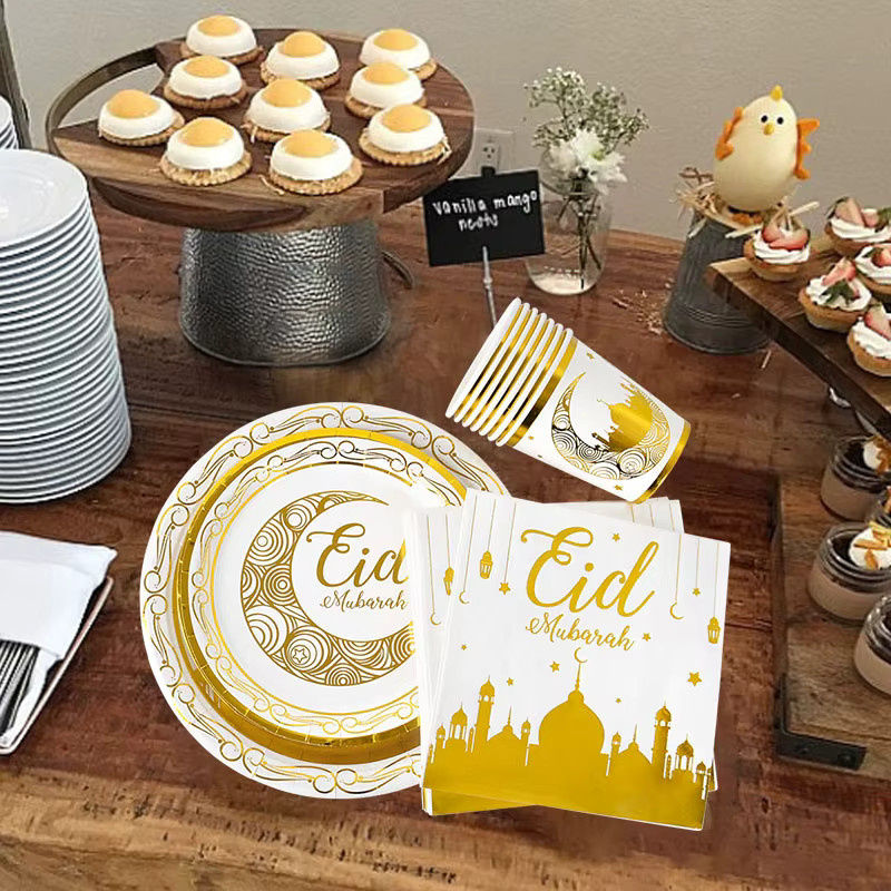 YONGSNOW Eid Mubarak Einweg Geschirr Set in Gold mit Papptellern, Tassen und Ramadan Dekoration für islamische Partys - Bild 2