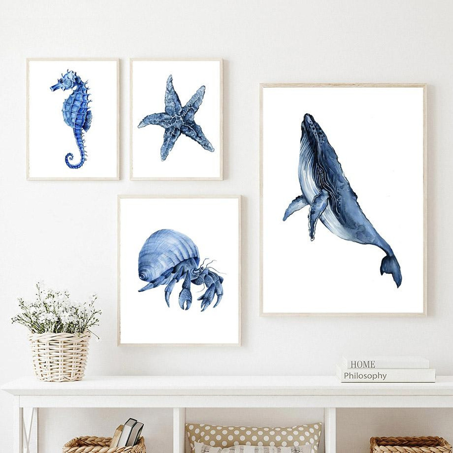 Edelweiss Art Poster Studio Leinwand Wandkunst Ozean Motiv mit Wal, Delphin, Krabbe, Fisch, Oktopus und Seepferdchen in Blau, Breite: 40 cm, Höhe: 60 cm - Bild 1