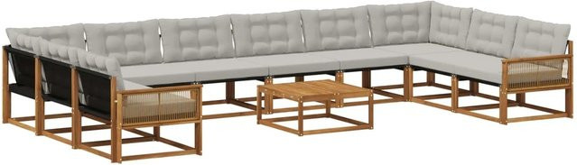 vidaXL Outdoor-Sofagarnitur L-Form aus massivem Akazienholz mit 11 Kissen in Natur und Hellgrau - Bild 1