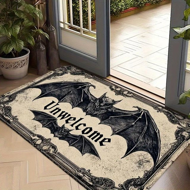Halloween Willkommensschild Fußmatte mit Fledermaus-Design in Schwarz, Beige und Grau, B/T: 50 x 30 cm - Bild 1