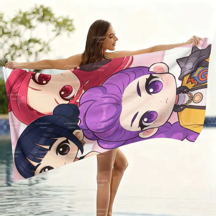 Potdemiel K-Pop Girl Group Chibi Strandtuch aus Mikrofaser, schnelltrocknendes Badetuch mit Anime-Cartoon-Druck, Mehrfarbig - Bild 3