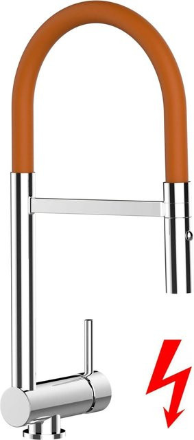 VIZIO Küchenarmatur für Niederdruck mit 360 Grad schwenkbarem Auslauf und abnehmbarer 2-Strahl-Brause, Verchromt, Orange - Bild 1