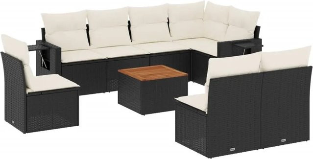 vidaXL 9-tlg. Garten-Sofagarnitur in L-Form aus Polyrattan mit Kissen und Couchtisch, Schwarz - Bild 1