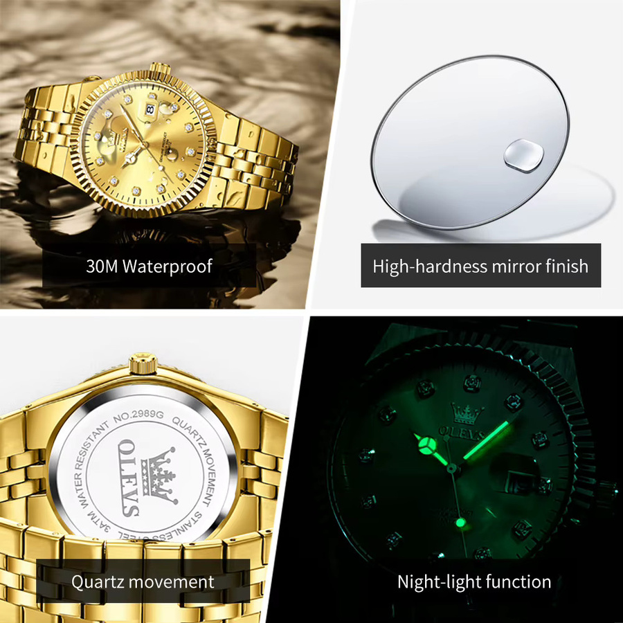 OLEVS Armbanduhr Quarz, Edelstahl, Diamant, Gold, Herren - Bild 6