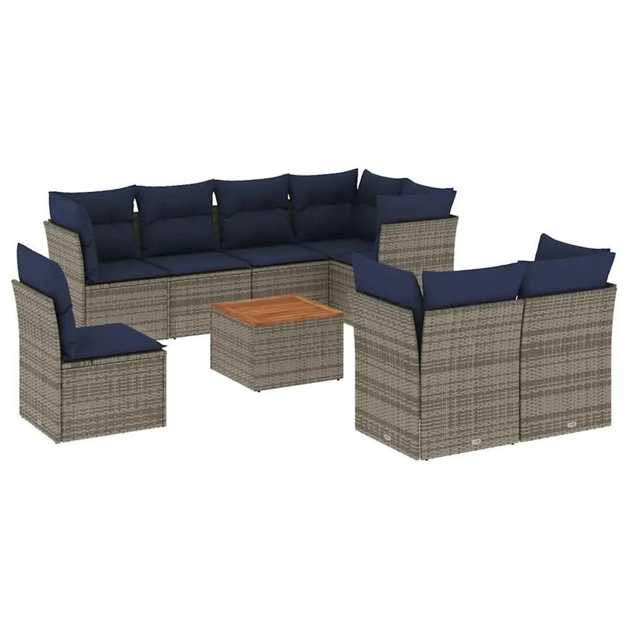 vidaXL 9-teilige Garten-Sofagarnitur aus Poly-Rattan und Akazienholz in Grau mit Kissen - Bild 2