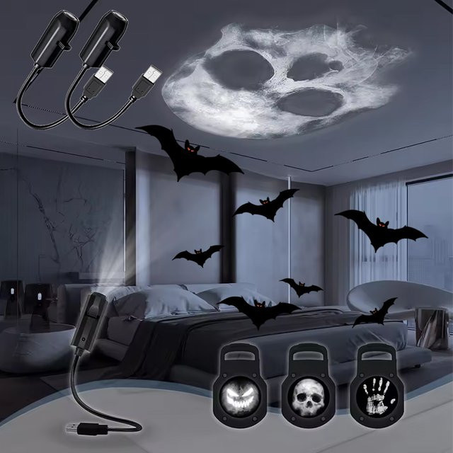 TLEDMP Hallo-ween Totenkopf-Nachtlicht in Schwarz mit 3 Szenen und Geister-LED-Projektor für Wand- und Deckendekoration - Bild 1