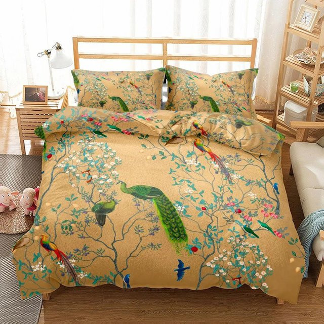 3-teiliges Bettwäsche-Set mit Pfauen-3D-Design aus Mikrofaser, Farbe: Beige, B/H: 200 x 200 cm - Bild 1