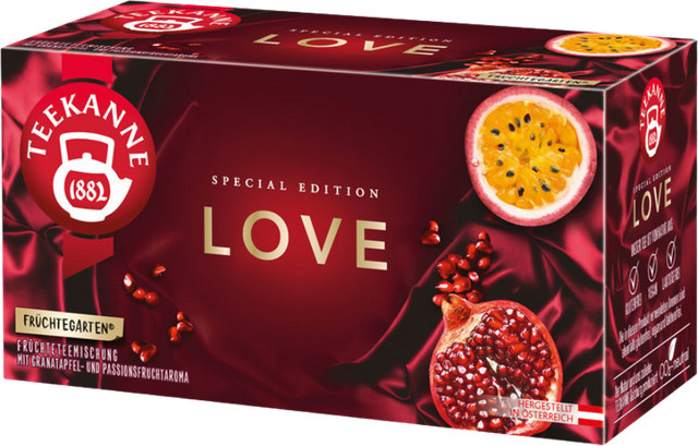 Teekanne Früchtegarten LOVE Granatapfel-Passionsfrucht, Früchtetee, Teebeutel, 20 Stück, 50g - Bild 1