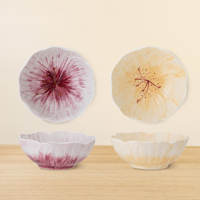 Bloomingville Steingut Schalen Mimosa 2er Set floral in Gelb, Lila, Weiß und Multicolour - Bild 1