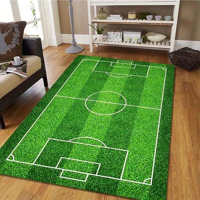 Lodestar Fußballfeld Teppich in Grün, rutschfeste Bodenmatte aus Polyester für Wohnzimmer, Schlafzimmer und Kinderzimmer, B/T: 120 x 160 cm - Bild 1