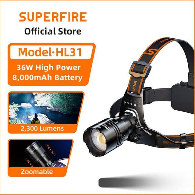 SUPERFIRE HL31 LED-Stirnlampe mit 36W, wiederaufladbar, schwarz, zoombar und wasserdicht - Bild 1