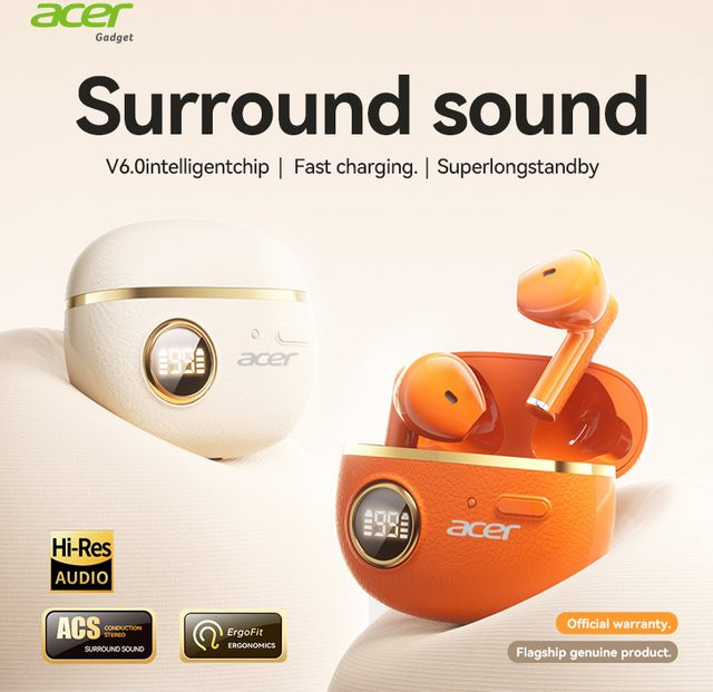 Acer kabellose Bluetooth-Kopfhörer Semi-In-Ear mit Bluetooth 6.0-Chip und hochauflösendem Audio in Beige und Orange - Bild 1