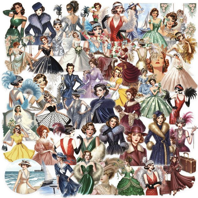 50 oder 100 Stück Cartoon Vintage Mädchen Aufkleber, wasserfeste transparente PET Sticker zur Dekoration von Notebook, Tasche und Gitarre, mehrfarbig - Bild 1