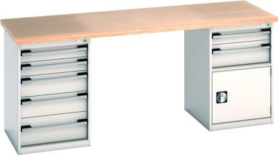 Bott Werkbank Cubio in Lichtgrau mit Buche-Multiplexplatte, 7 Schubladen, B: 200 cm, T: 75 cm, H: 94 cm - Bild 1