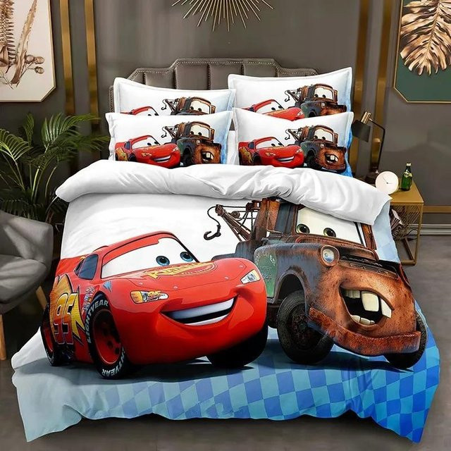 Paslu Bettwäsche Set Lightning McQueen Cartoon Autos für Kinder, 3-teilig, Farbe: Weiß, B/L: 135 x 200 cm - Bild 1
