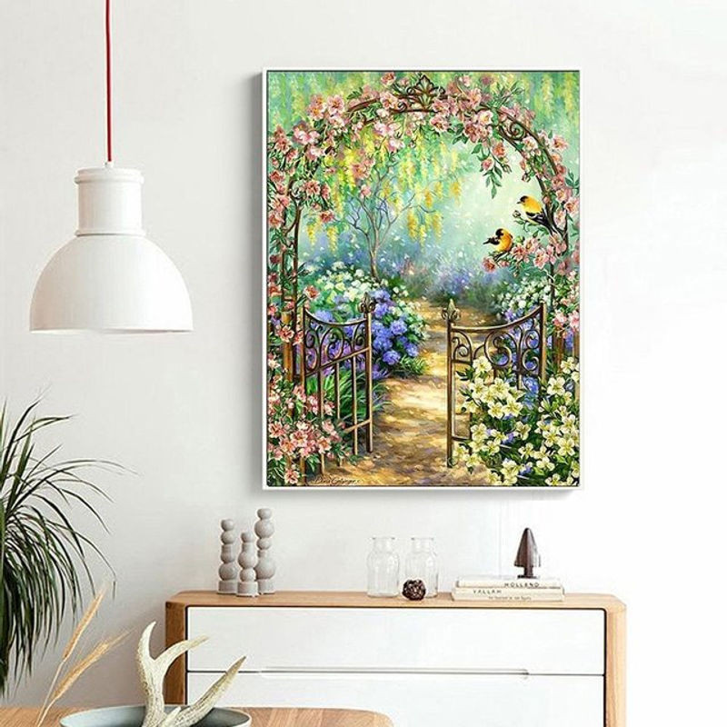 FIYO Diamond Painting DIY Set Gartenlandschaft mit Blumen, Mehrfarbig, B: 30 cm, H: 20 cm - Bild 1