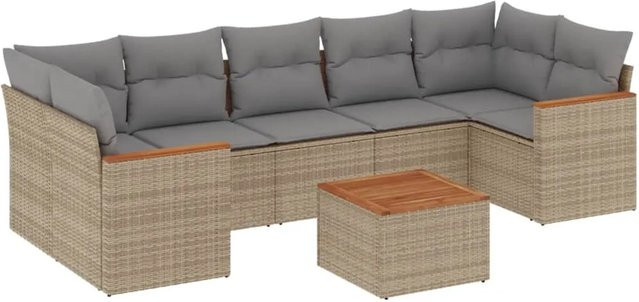 vidaXL 8-tlg Garten-Sofagarnitur in L-Form aus Poly-Rattan mit Kissen in Beige - Bild 1