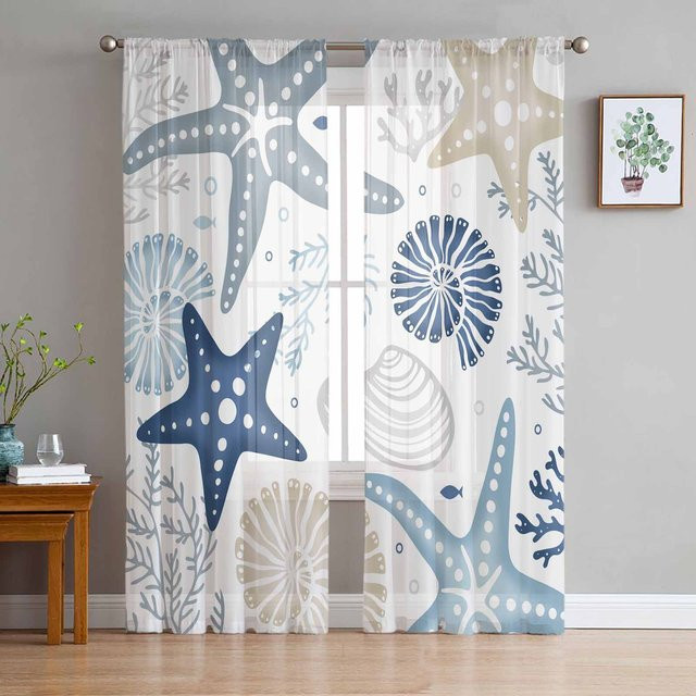 Transparente Tüll-Voile-Gardine mit Meeresorganismen für Wohnzimmer und Küche, Farbe: Transparent, B: 135 cm, H: 115 cm - Bild 1