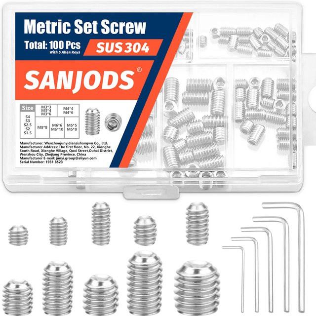 Stellschrauben-Sortiment-Set von SANJODS mit Inbusschlüsseln, 100 Stück Madenschrauben aus Edelstahl 304 (A2-70) in Silber, Größen M3 bis M8 - Bild 1