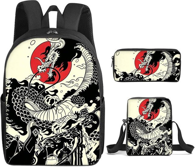 BAOERYE 3er Set Schultaschen mit chinesischem Drachen Aufdruck bestehend aus Rucksack, Umhängetasche und Federmäppchen in Multicolour - Bild 1