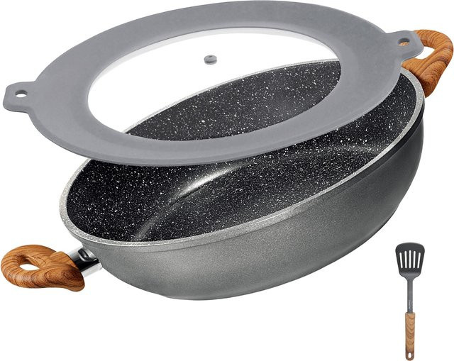 STONELINE Servierpfannen-Set mit Pfannenwender und Multifunktionsglasdeckel, Grau, Durchmesser: 28 cm - Bild 1