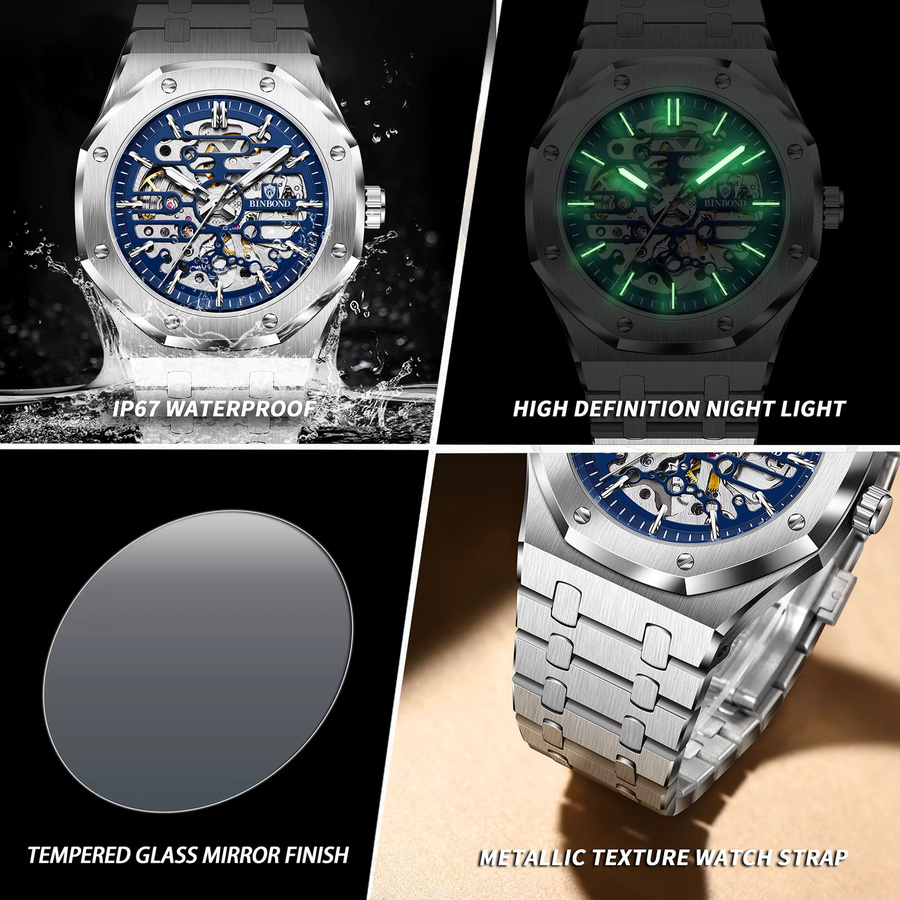 BINBOND Armbanduhr Automatik, Edelstahl, Blau, Herren - Bild 6