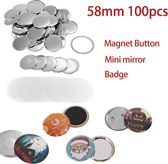 100 Set DIY Blank Pin Knopf und Kühlschrankmagnete aus Metall in Silber, 58 mm Durchmesser - Bild 1