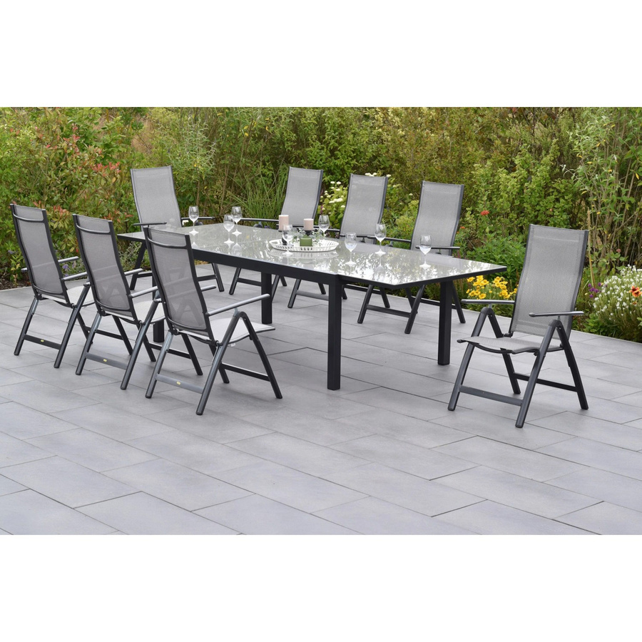 Merxx Carrara Gartenmöbel Set 9-teilig mit ausziehbarem Gartentisch und 8 Klappsesseln in Grau, Tisch B: 200 bis 300 cm, T: 110 cm, H: 75 cm - Bild 2