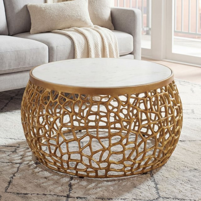 Finebuy Design Couchtisch mit Marmorplatte in Weiß und Gold, runder Wohnzimmertisch aus Metall und Stein, Durchmesser: 60 cm - Bild 1