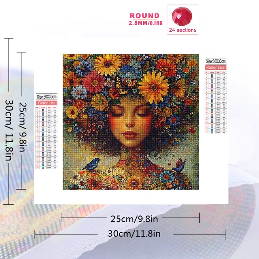 YUTTEE Diamant-Stickerei Porträt einer Frau mit Blumen als handgemachtes Mosaik-Kunstwerk in Multicolor mit runden Diamanten - Bild 2