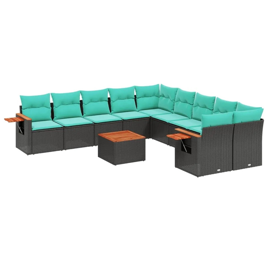 vidaXL 11-tlg Garten-Sofagarnitur aus Polyrattan in Schwarz mit blauen Kissen und Couchtisch im L-Shape Design - Bild 2