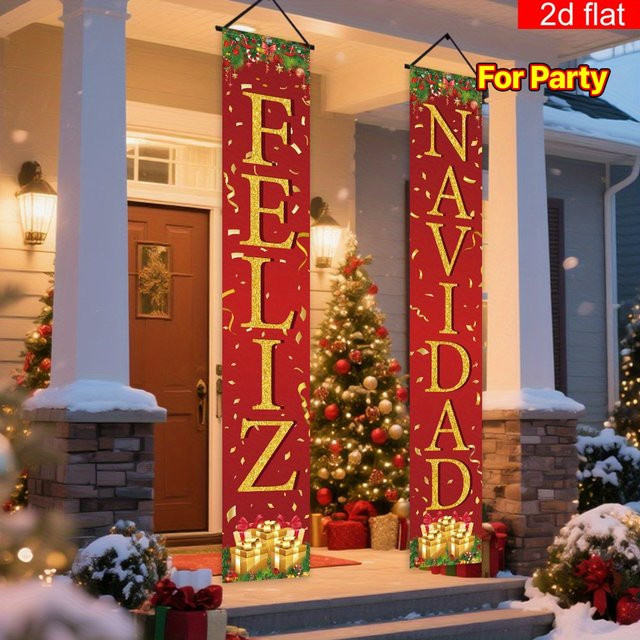 Paar 2D-Flachbanner dekorative Couplets für spanische Weihnachtsfeiern aus Polyester mit goldenem Geschenkbox-Bandmuster in Rot und Gold - Bild 1