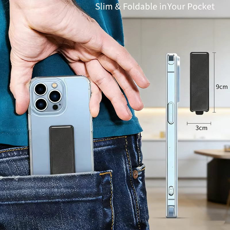 WSSHE Leder-Handy-Fingergriffband mit Metall-Handyhalter, teleskopischer selbstklebender Handy-Ständer für Smartphones in Schwarz oder Braun - Bild 3