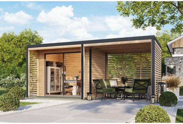 Karibu Gartenhaus Flavio A mit Anbaudach aus Massivholz Fichte in Natur-Anthrazit, B: 380 cm, T: 276 cm, H: 231,5 cm - Bild 1