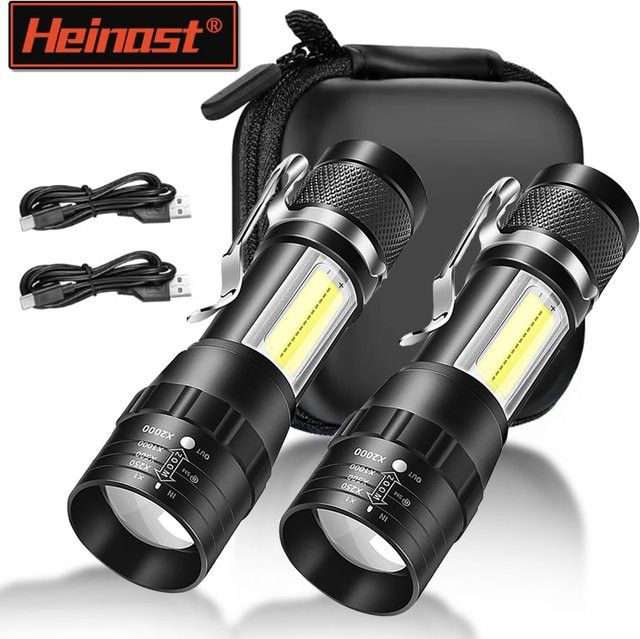 Heinast Tragbare LED und COB Taschenlampe mit Teleskop-Zoom, wiederaufladbar und wasserdicht mit Clip für Outdoor und Notfälle - Bild 1
