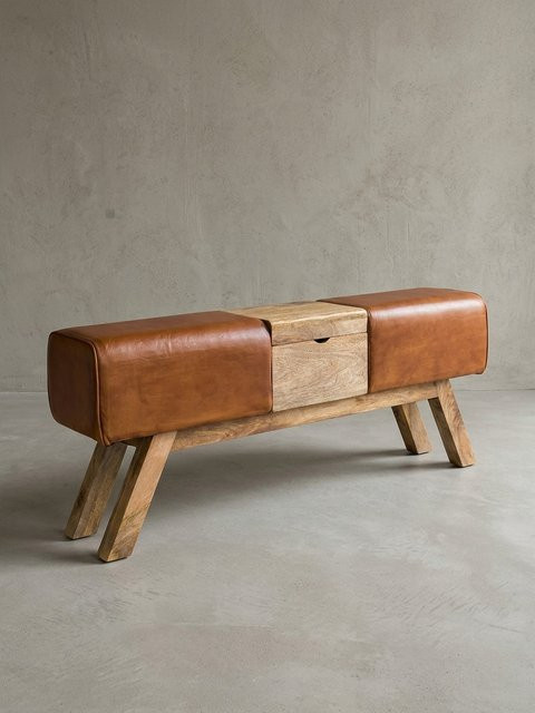 KADIMA DESIGN Sitzbank im Turnbock-Design aus Echtleder und Holz in Braun, B/T/H: 120 x 29 x 53 cm - Bild 1