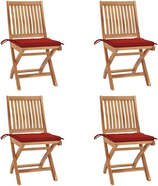 vidaXL Set aus 4 klappbaren Gartenstühlen aus Teakholz mit Kissen in Braun und Rot - Bild 1