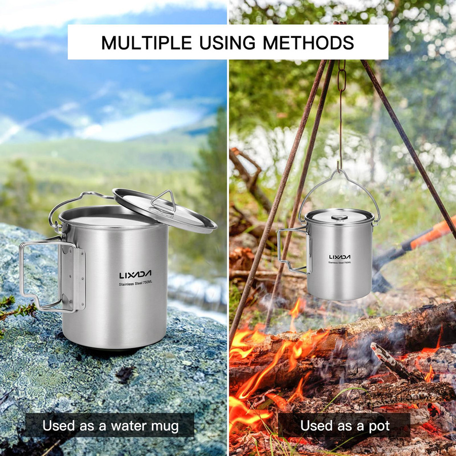 TOMTOP JMS Edelstahl-Campingtopf mit Deckel und faltbarem Griff, tragbarer Wasserbecher mit Löffel, Silber, 750 ml - Bild 4