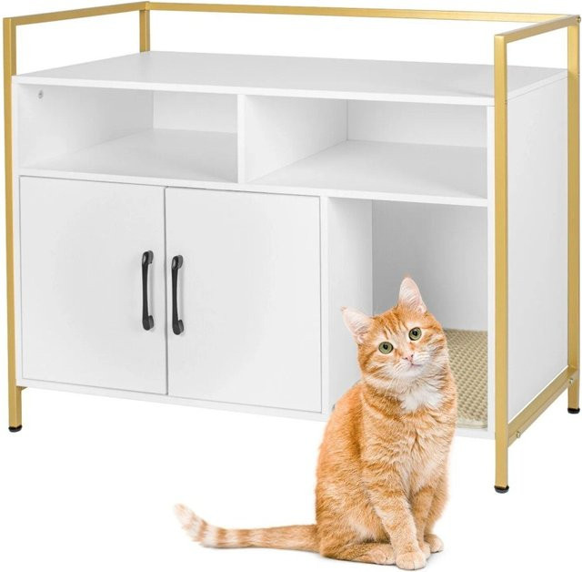 Relaxdays Katzenschrank aus Holzwerkstoff und Stahl in Weiß/Gold mit 2 Türen, B: 74 cm, H: 90 cm, T: 45 cm - Bild 1