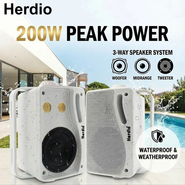 Herdio 3,5-Zoll Außenlautsprecher 200 W wasserdicht, 3-Wege HiFi Passiv-Lautsprecher mit Wandhalterung, Schwarz - Bild 1