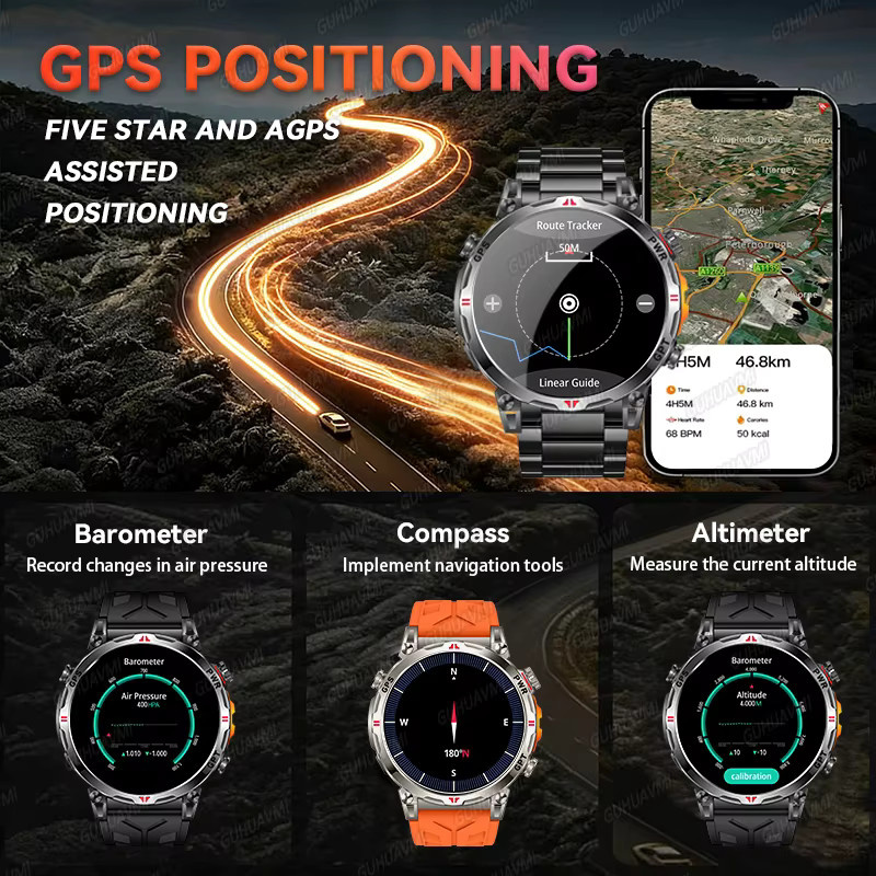 GUHUAVMI Outdoor GPS Smartwatch für Herren mit 1,56 Zoll AMOLED Display, Kompass, 5ATM Wasserdichtigkeit und Bluetooth Telefonfunktion in Schwarz - Bild 2