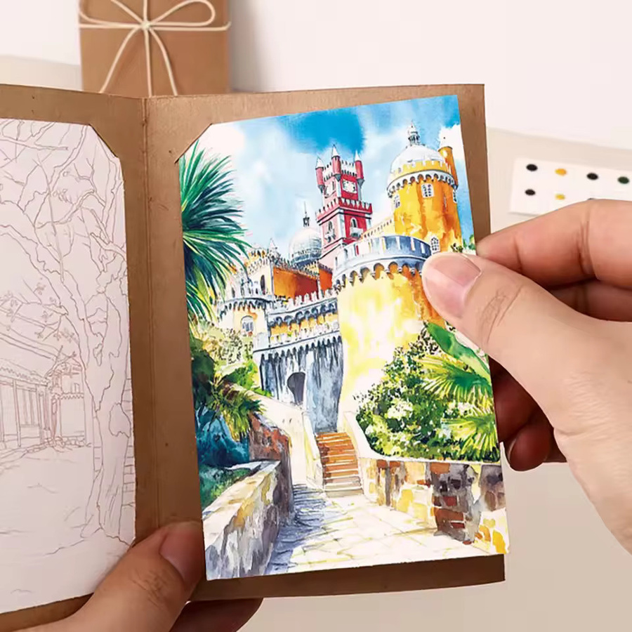 Aquarell-Malset mit 9 Blättern und Aufbewahrungsbuch sowie Stift, tragbares Kunst-Set aus Papier - Bild 2