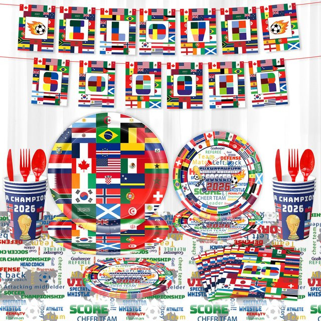 Potdemiel Einweg-Tischware mit internationalen Weltflaggen in Multicolour für Fußball-Partys und Sport-Geburtstagsdekorationen - Bild 1