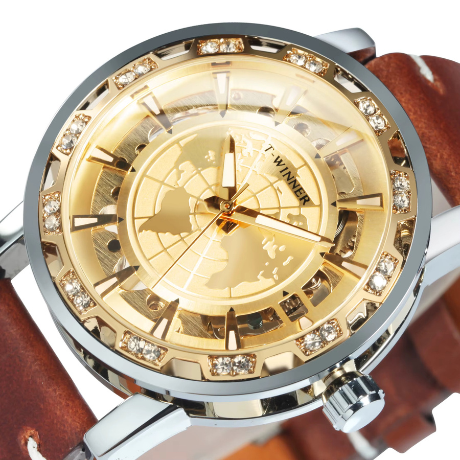 WINNER Armbanduhr, Automatik, Gold, Leder, Herren, Leuchtzeiger - Bild 4