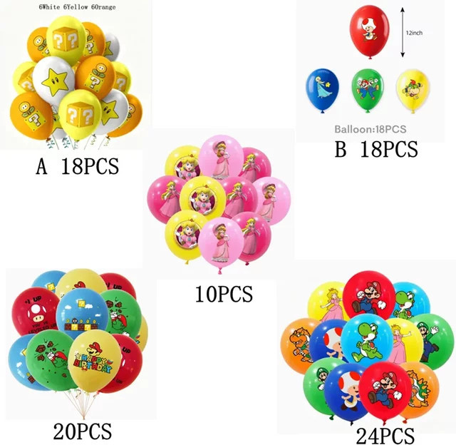 Bandai Mario Latexballons Set, Prinzessin Peach, Yoshi, Fragezeichen-Block, Stern-Print - Bild 1
