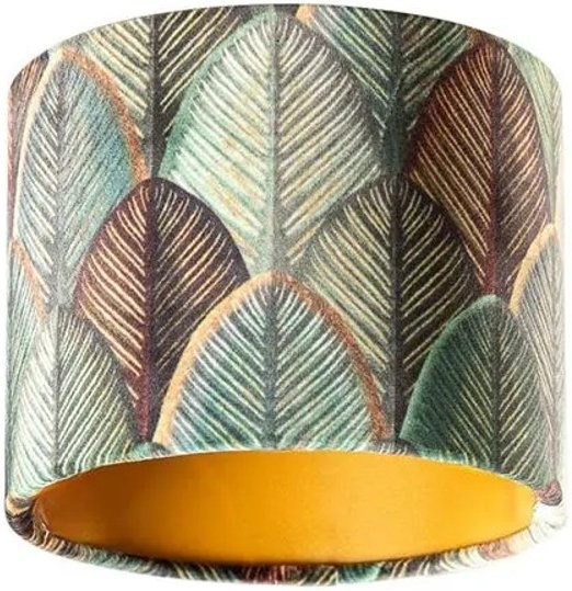 QAZQA Samtlampenschirm mit Blattdesign und goldener Innenseite, Farbe: Grün/Braun/Gold, B/T/H: 18 x 18 x 14 cm - Bild 1