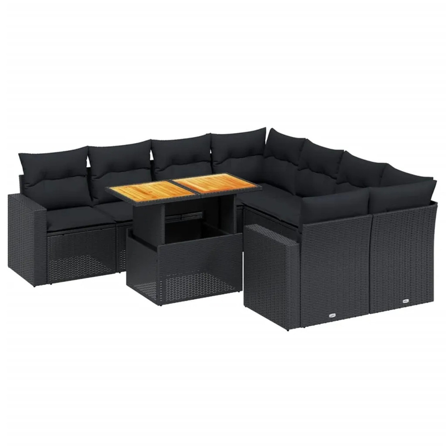 vidaXL 9-teilige Garten-Sofagarnitur in L-Form aus Polyrattan und Akazienholz mit Kissen, Schwarz - Bild 2