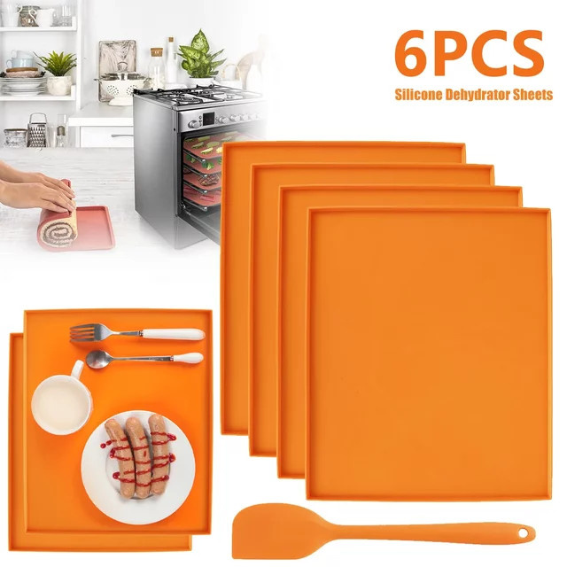 6er Set WIKHOSTAR Silikon Dehydrator Matten mit Rand, Antihaft Backbleche für Obst, Fleisch und Gemüse, Orange - Bild 1