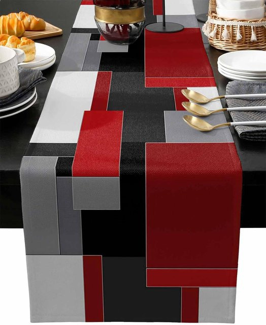 JINGYUE Pet Tischläufer aus Leinen mit abstraktem geometrischem Design, grau und rot, Breite: 33 cm, Länge: 150 cm - Bild 1
