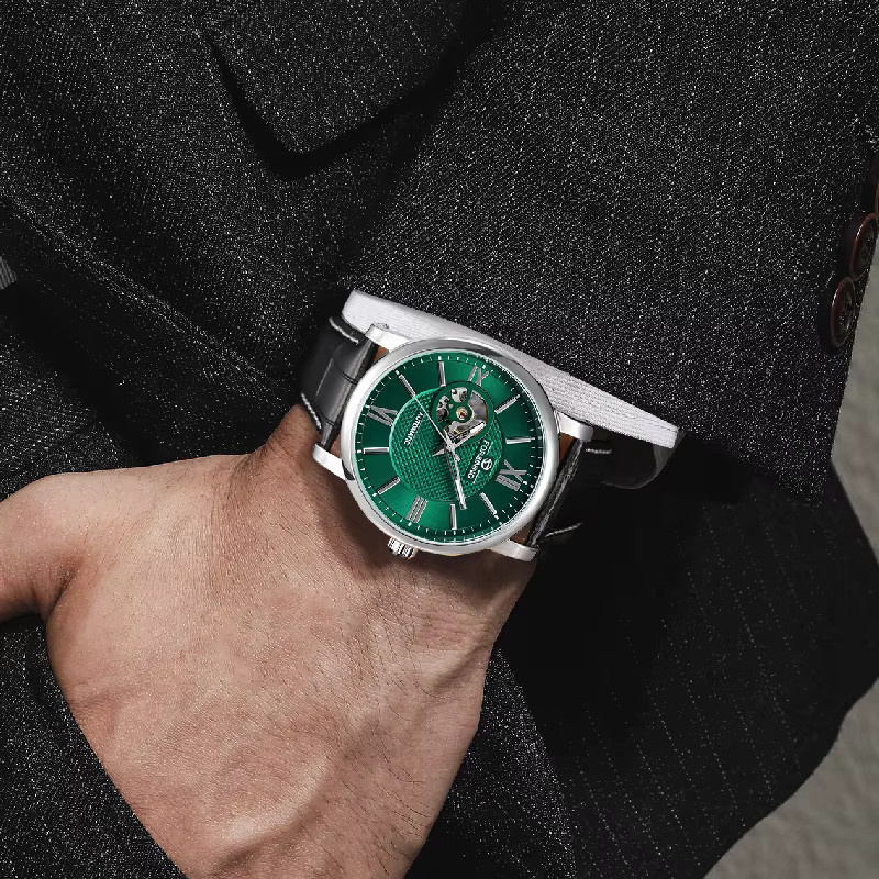 FORSINING Armbanduhr Automatik, Edelstahl, Leder, Herren, Grün - Bild 3